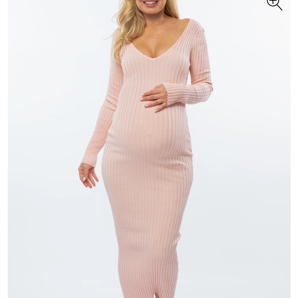 Elegant Pink Ribbed Knit Maternity Dress
